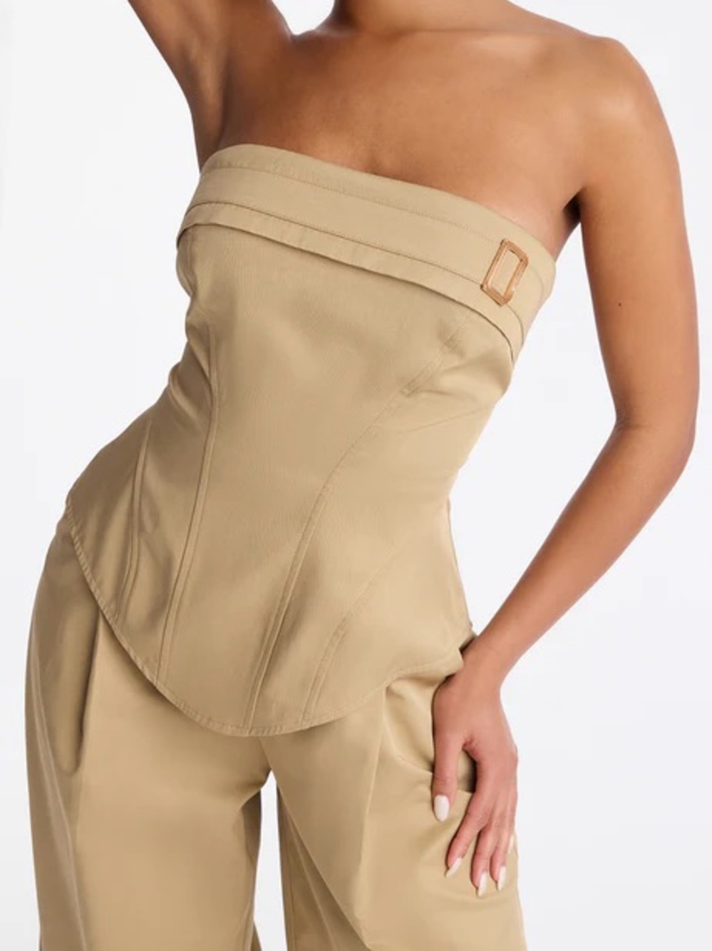 Fashion Nova Strapless Corset Wide-Leg Jumpsuit in Tan - Picture 3 of 5